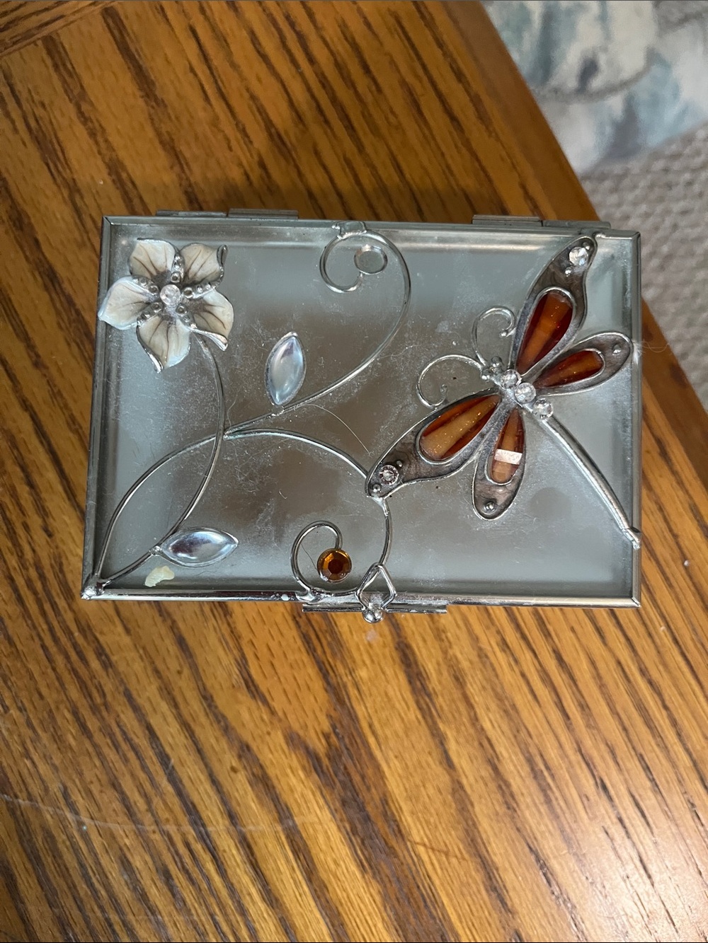 Rectangular Mirrored Glass Jewelry Trinket Box